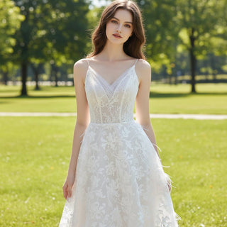 A-line Lace Wedding Dresses & Bridal with Capes and Feathers - Rosymae