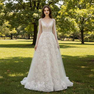 A-line Lace Wedding Dresses & Bridal with Capes and Feathers - Rosymae