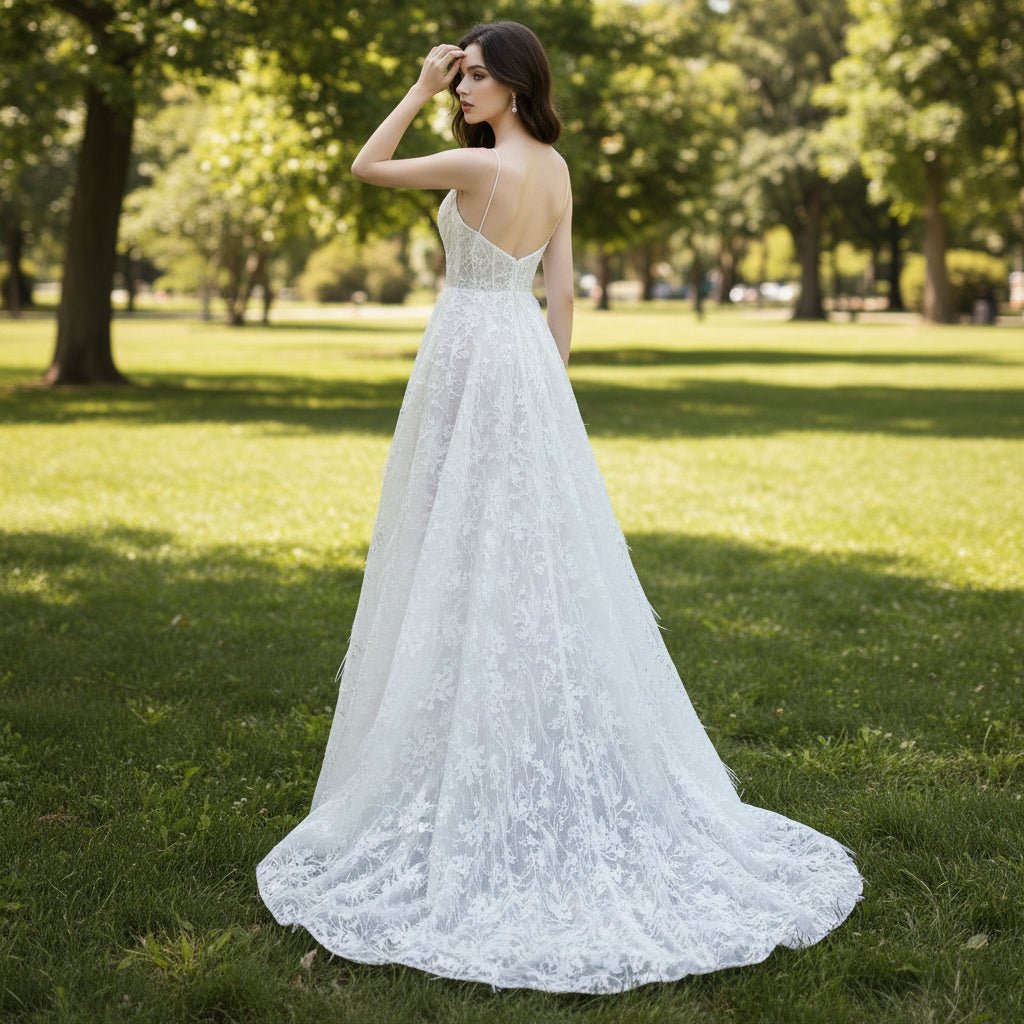 A-line Lace Wedding Dresses & Bridal with Capes and Feathers - Rosymae
