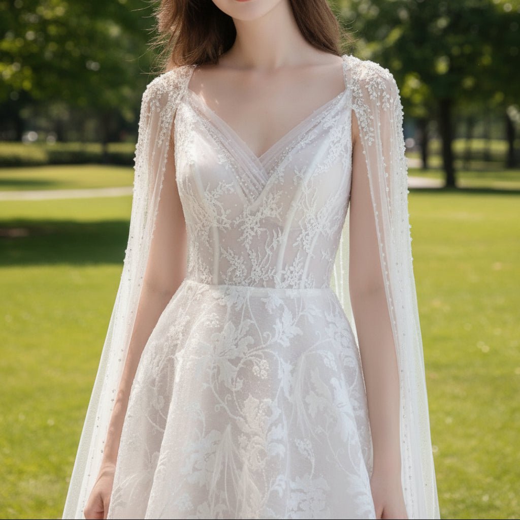 A-line Lace Wedding Dresses & Bridal with Capes and Feathers - Rosymae