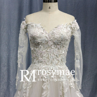 A-Line Long Sleeve Multi-Color Lace Wedding Dresses - Rosymae