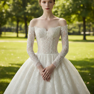 A-Line Off-the-Shoulder Long Sleeves Lace Wedding Dresses - Rosymae