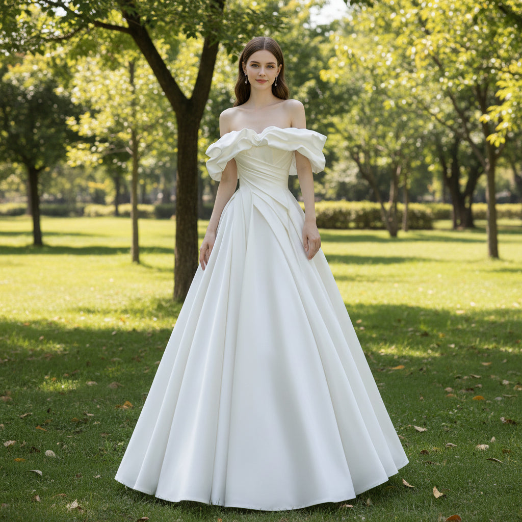 Satin A-line Off the Shoulder Wedding Dress with Asymmetric Neck Rosymae Satin A-line Off the Shoulder Wedding Dress with Asymmetric Neck Rosymae