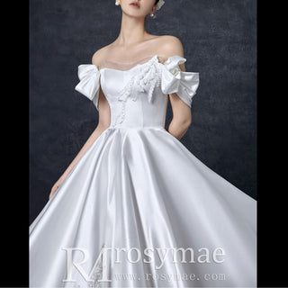 Detachable Sleeve Satin Wedding Dress A-line Bridal Gown