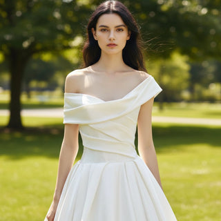 A-line Ruched Satin Wedding Dress with Capped Off the Shoulder Sleeve - Rosymae