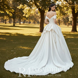 A-line Ruched Satin Wedding Dress with Capped Off the Shoulder Sleeve - Rosymae