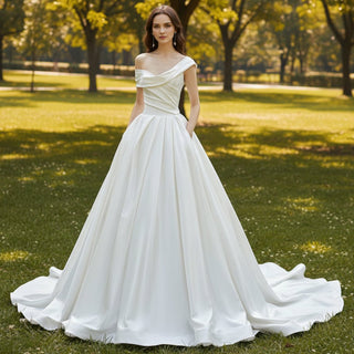 A-line Ruched Satin Wedding Dress with Capped Off the Shoulder Sleeve - Rosymae