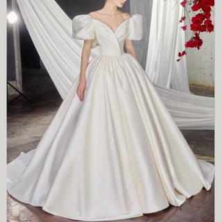 Off Shoulder Ruched Wedding Dress with Ball Gown A-line Skirt