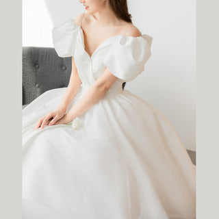 Off Shoulder Ruched Wedding Dress with Ball Gown A-line Skirt