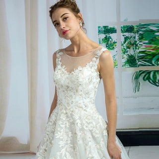 Classic Sheer Neckline Tulle Ballgown Wedding Dress Embroidery Lace