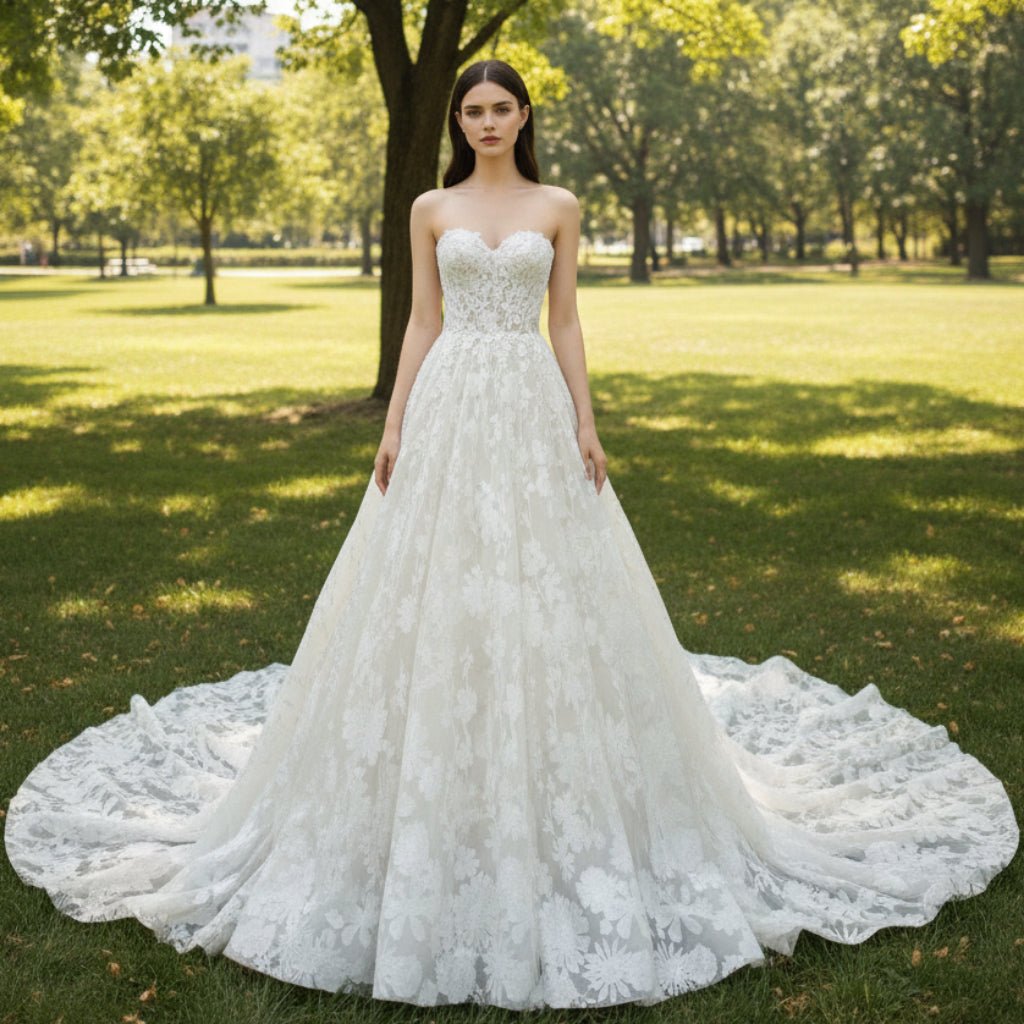 A-line Strapless Lace Wedding Dress and Bridal Gown with Sweetheart - Rosymae