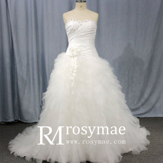 A Line Sweetheart Chapel Train Tulle Wedding Dress with Chapel Train - Rosymae