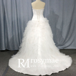 A Line Sweetheart Chapel Train Tulle Wedding Dress with Chapel Train - Rosymae