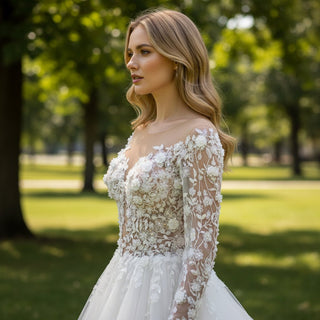 A-line Tulle Wedding Dress Bridal Gowns with Long Sheer Sleeves - Rosymae
