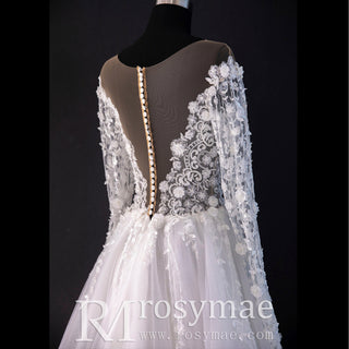 A-line Tulle Wedding Dress Bridal Gowns with Long Sheer Sleeves - Rosymae