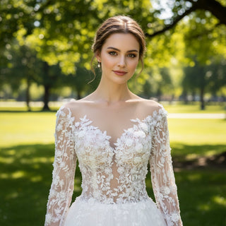 A-line Tulle Wedding Dress Bridal Gowns with Long Sheer Sleeves - Rosymae