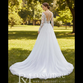 A-line Tulle Wedding Dress Bridal Gowns with Long Sheer Sleeves - Rosymae