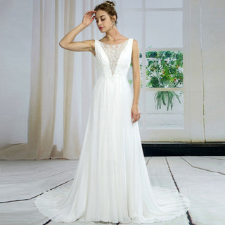 Classic A-line Chiffon Wedding Dress with Deep V-neck and Beaded