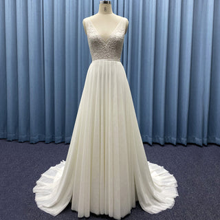Tank Top Floral Lace Chiffon A-line Ruched Bridal Wedding Dress