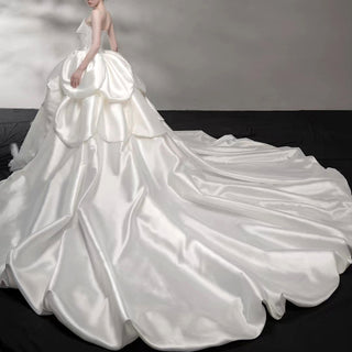 Asymmetrical Satin Draped Wedding Dress Bridal Puff Ball Gown