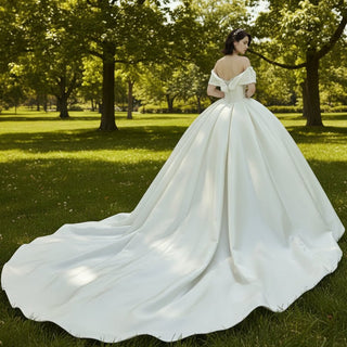 Asymmetric Off the Shoulder Ruched Ball Gown Wedding Dress Ivory - Rosymae