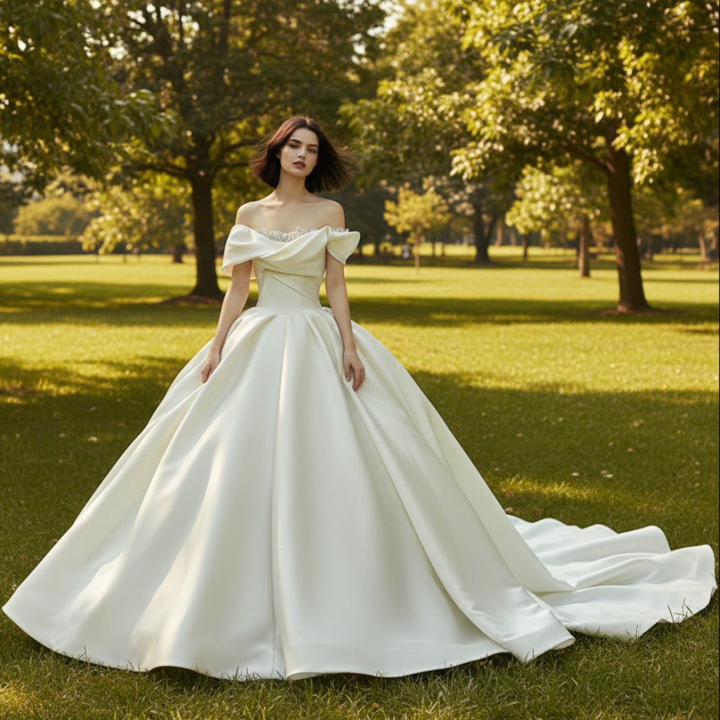 Asymmetric Off the Shoulder Ruched Ball Gown Wedding Dress Ivory - Rosymae