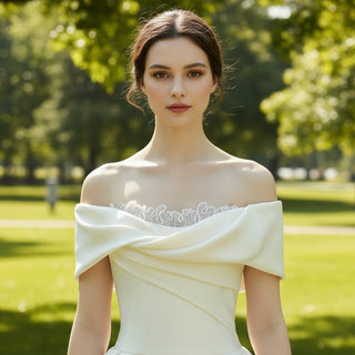 Asymmetric Off the Shoulder Ruched Ball Gown Wedding Dress Ivory - Rosymae