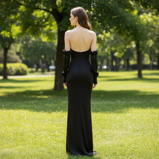 Asymmetrical Neck Black Mermaid Formal Dress Wedding Gown - Rosymae