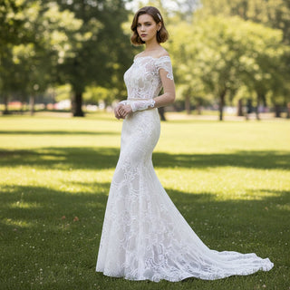 Asymmetrical Neck Fit Flare Lace Wedding Dress with Long Sleeve - Rosymae