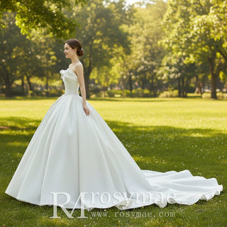 Asymmetrical Neckline Ball Gown Satin Bridal Wedding Dresses - Rosymae