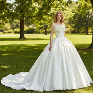 Asymmetrical Neckline Ball Gown Satin Bridal Wedding Dresses - Rosymae