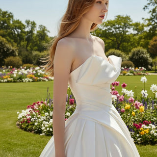 Asymmetrical Neckline Satin Wedding Dress Ruffle Bridal Gown - Rosymae