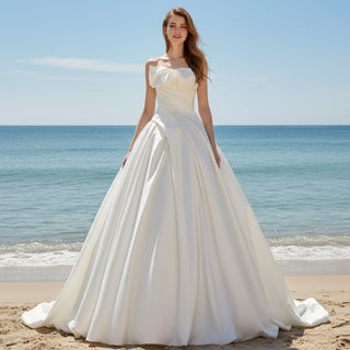 Asymmetrical Neckline Satin Wedding Dress Ruffle Bridal Gown - Rosymae