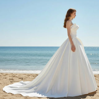 Asymmetrical Neckline Satin Wedding Dress Ruffle Bridal Gown - Rosymae