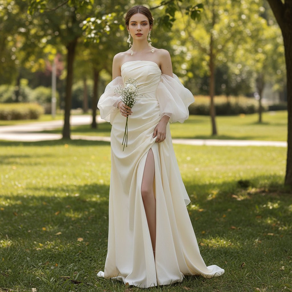 Asymmetrical Ruched Simple Boho Wedding Dress with Slit Ivory / 6