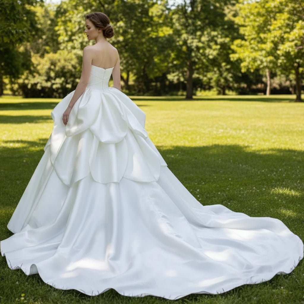 Asymmetrical Satin Draped Wedding Dress Bridal Puff Ball Gown - Rosymae