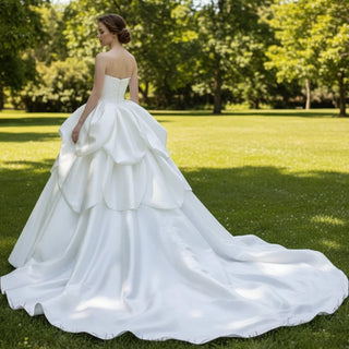 Asymmetrical Satin Draped Wedding Dress Bridal Puff Ball Gown - Rosymae
