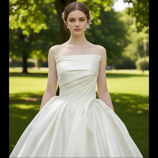 Asymmetrical Satin Draped Wedding Dress Bridal Puff Ball Gown - Rosymae