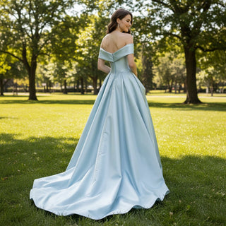 Baby Blue Off Shoulder Satin Formal Dress and Reception Party Gown - Rosymae