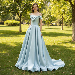 Baby Blue Off Shoulder Satin Formal Dress and Reception Party Gown - Rosymae