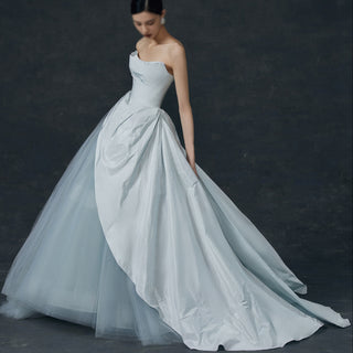 Strapless Baby Blue Ruffle Wedding Dress with Curve Neckline