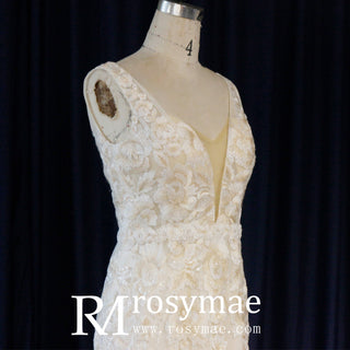 Back-V Sheath Mermaid Wedding Dresses with Low Back - Rosymae
