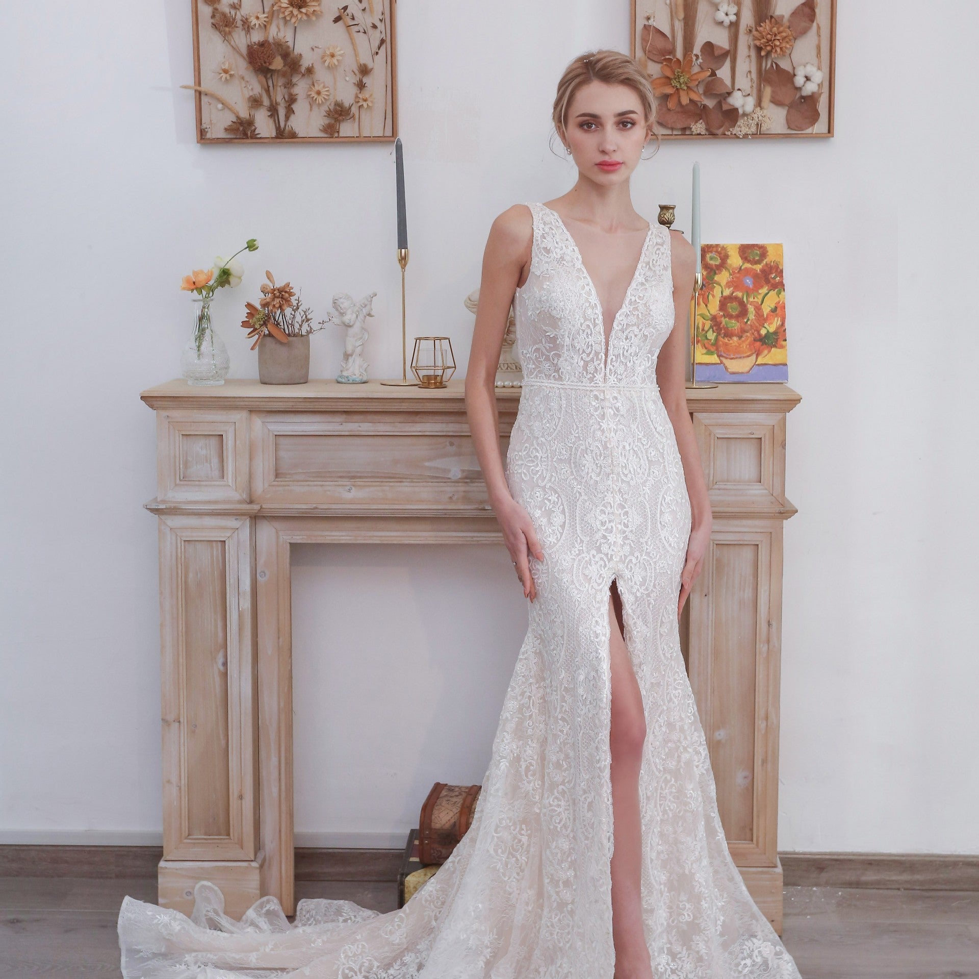 Middle Split Wedding Gown Dress with Illusion Deep V Neck Rosymae Middle Split Wedding Gown Dress with Illusion Deep V Neck Rosymae