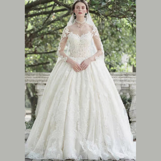 Sheer Long Sleeve Ballgown Lace Beach Wedding Dress