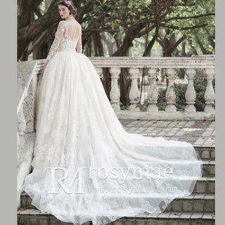 Sheer Long Sleeve Ballgown Lace Beach Wedding Dress