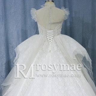 Ball Gown Lace Sheer High-Neck Bridal Wedding Dress with Long Train - Rosymae