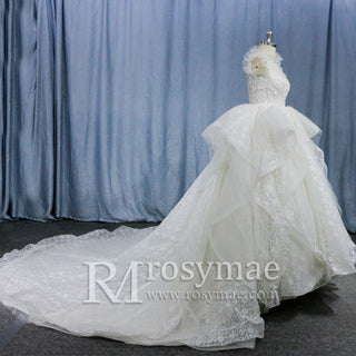 Ball Gown Lace Sheer High-Neck Bridal Wedding Dress with Long Train - Rosymae