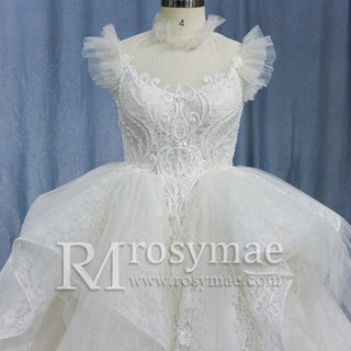 Ball Gown Lace Sheer High-Neck Bridal Wedding Dress with Long Train - Rosymae