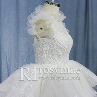 Ball Gown Lace Sheer High-Neck Bridal Wedding Dress with Long Train - Rosymae