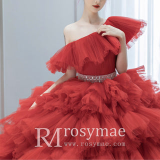 One Shoulder Ball Gown Tulle Red Wedding Dress Luxury Gown